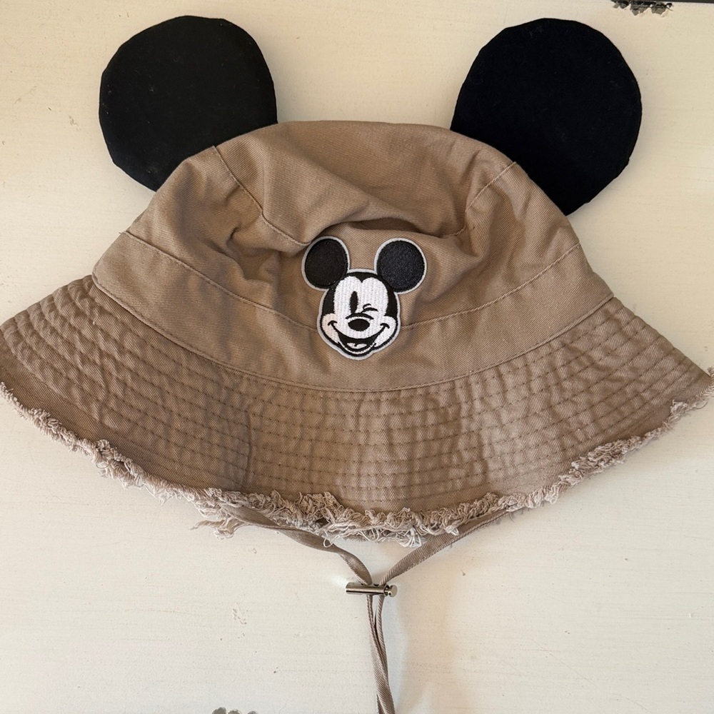 Disney Tan Bucket Hat with Black Ear Accents and Mickey Patch